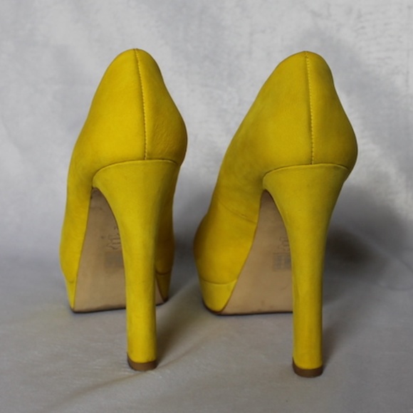 Mimosa Yellow Suede Peep Toe Heels - Picture 7 of 8